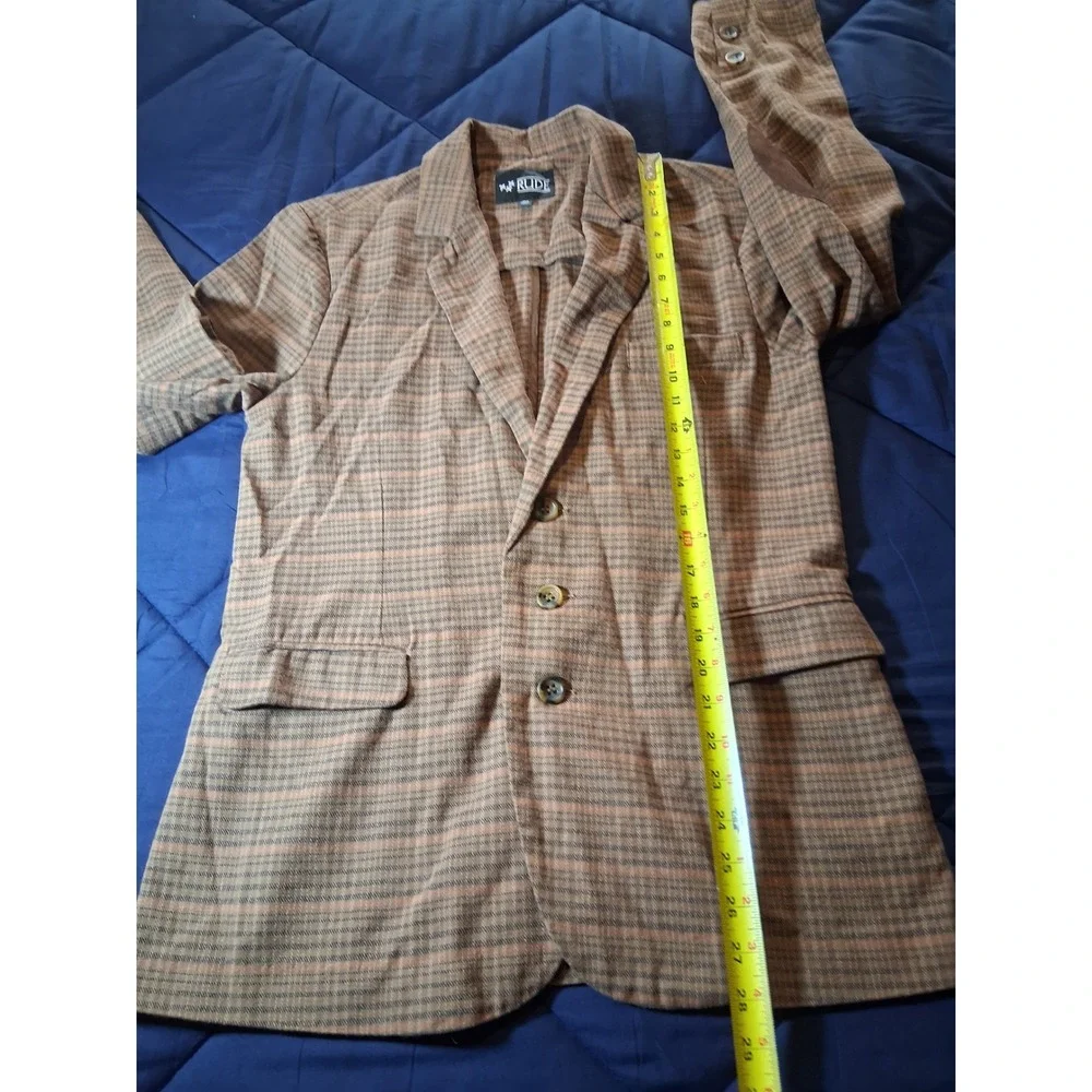 Rude XXX‎ Mens Brown Plaid Blazer Jacket with Elbow Patches Size Medium Academic